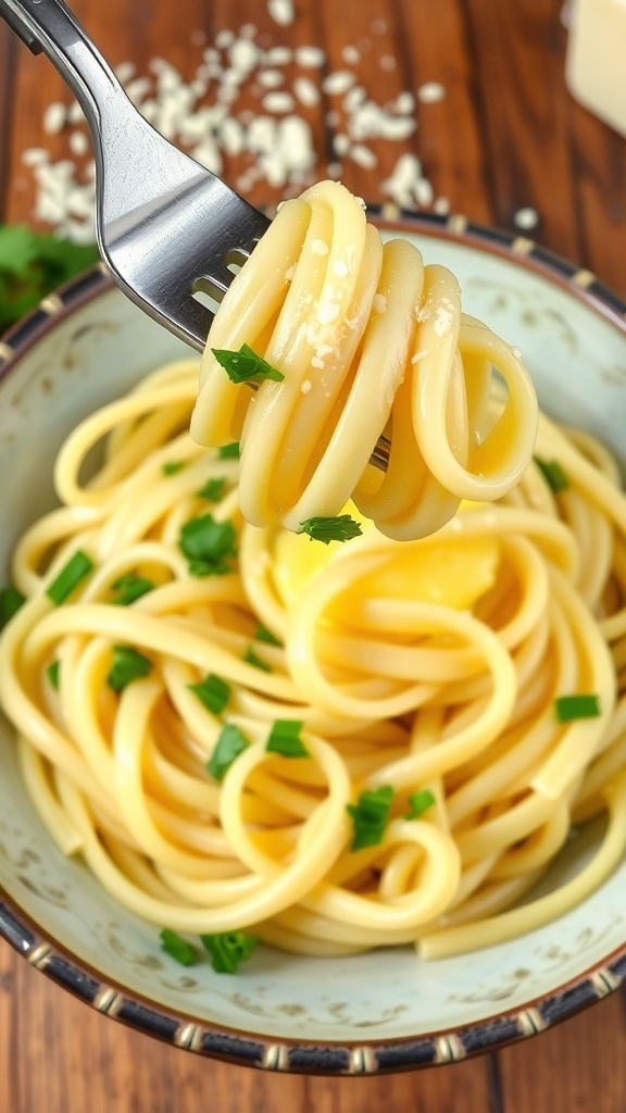 Simple Butter Noodles Recipe A bowl of butter noodles garnished with parsley and Parmesan cheese on a wooden table.
